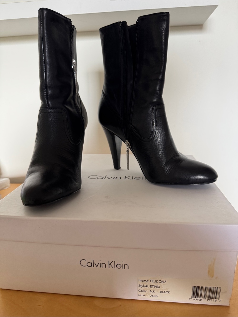 Calvin Klein Black Leather Mid-Calf Stiletto Boots with Side Zipper